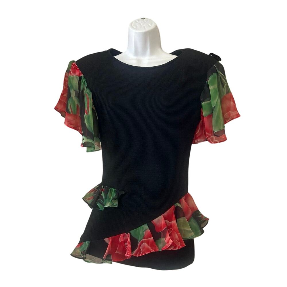 80’s Jon Wesley Floral Pattern Red Rose Blk Blouse Women’s 8 Dress Top  vintage